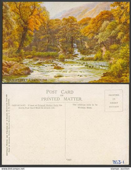 AR Quinton Old Postcard Watersmeet Lynmouth Bridge River Scene J. Salmon No. 960