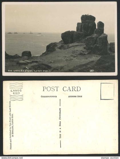 Land's End - THE WESLEY STONE, Rocks Lighthouse Cornwall Old Real Photo Postcard