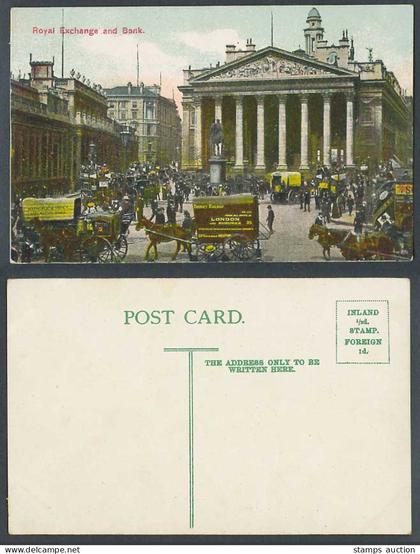 London Old Postcard Royal Exchange, Bank of England Horse Carts District Railway