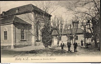 CPA Kolín Köln an der Elbe Mittelböhmen, Kolin n. L., Restaurace na Fornim Ostrové, Bäume, Persone