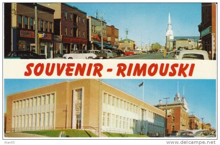 Rimouski Quebec Canada,  Rexall Drug Store Rue St-Germain Federal Building, Street Scene Autos c1950s Vintage Postcard