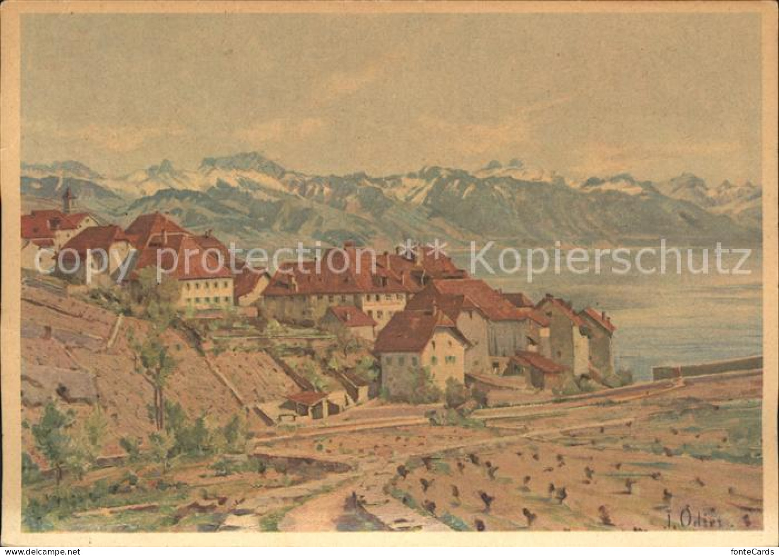 Rivaz Genfersee und Alpen Pro Infirmis Karte Kuenstlerkarte J. Odier