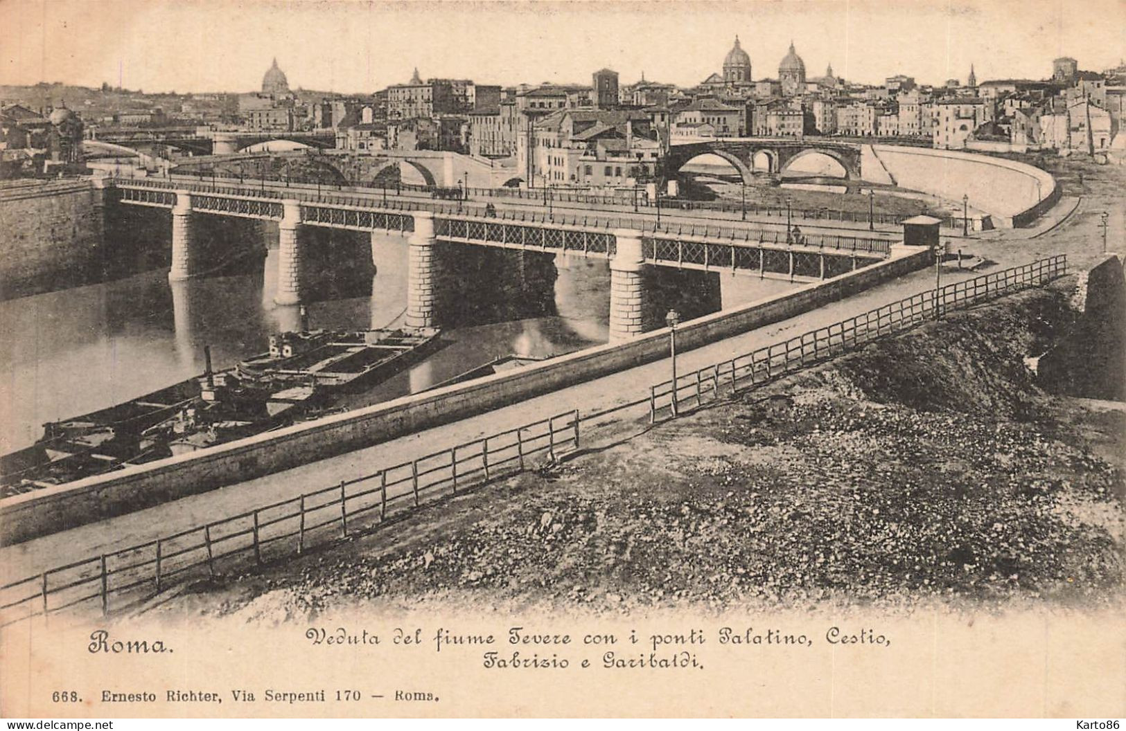roma * péniches batellerie , veduta del fiume tevere con i ponti palatino , cestio , fabrizio e garibaldi * rome italia