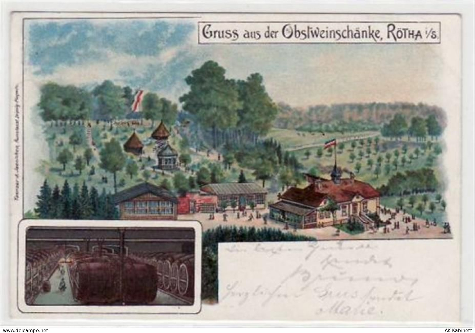 Rötha i. S., Lithographie mit Obstweinschänke und Fässer gelaufen von 19... - 39019774
