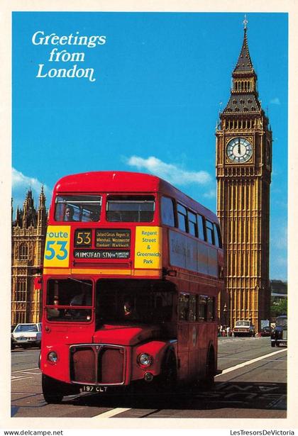 [-10%] ROYAUME-UNI - Greeting from London - London - Big Ben - Bus - vue sur la tour - Carte Postale