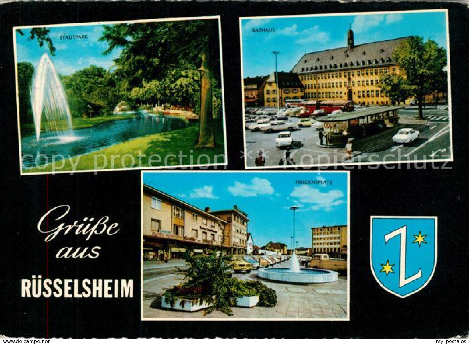 Ruesselsheim Main Stadtpark Fontaene Rathaus Friedensplatz Wappen