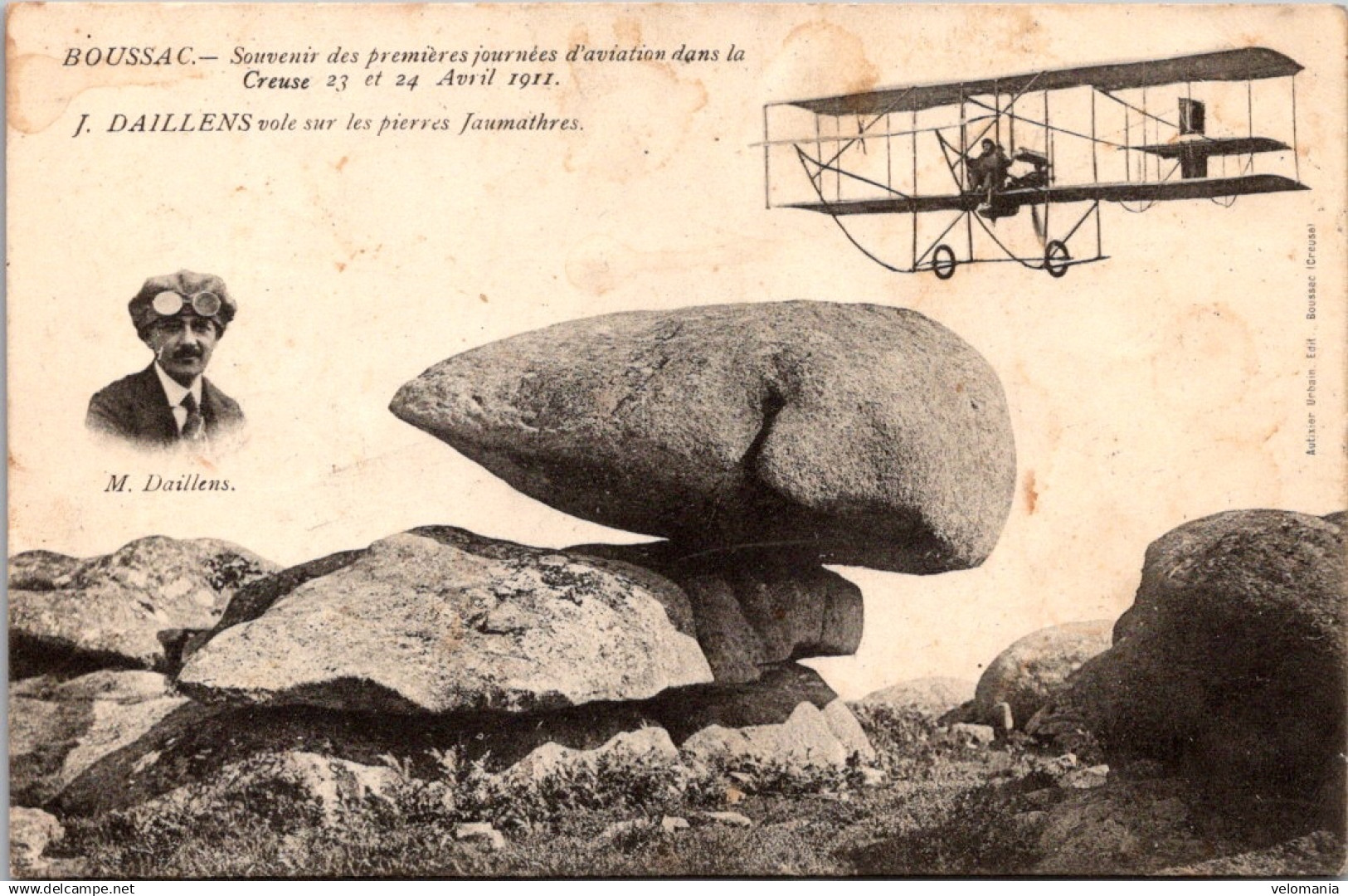 S22875 cpa 23 Boussac - souvenir des journées d'Aviation 1911 - J. Daillens vole sur les pierres Jaumathres