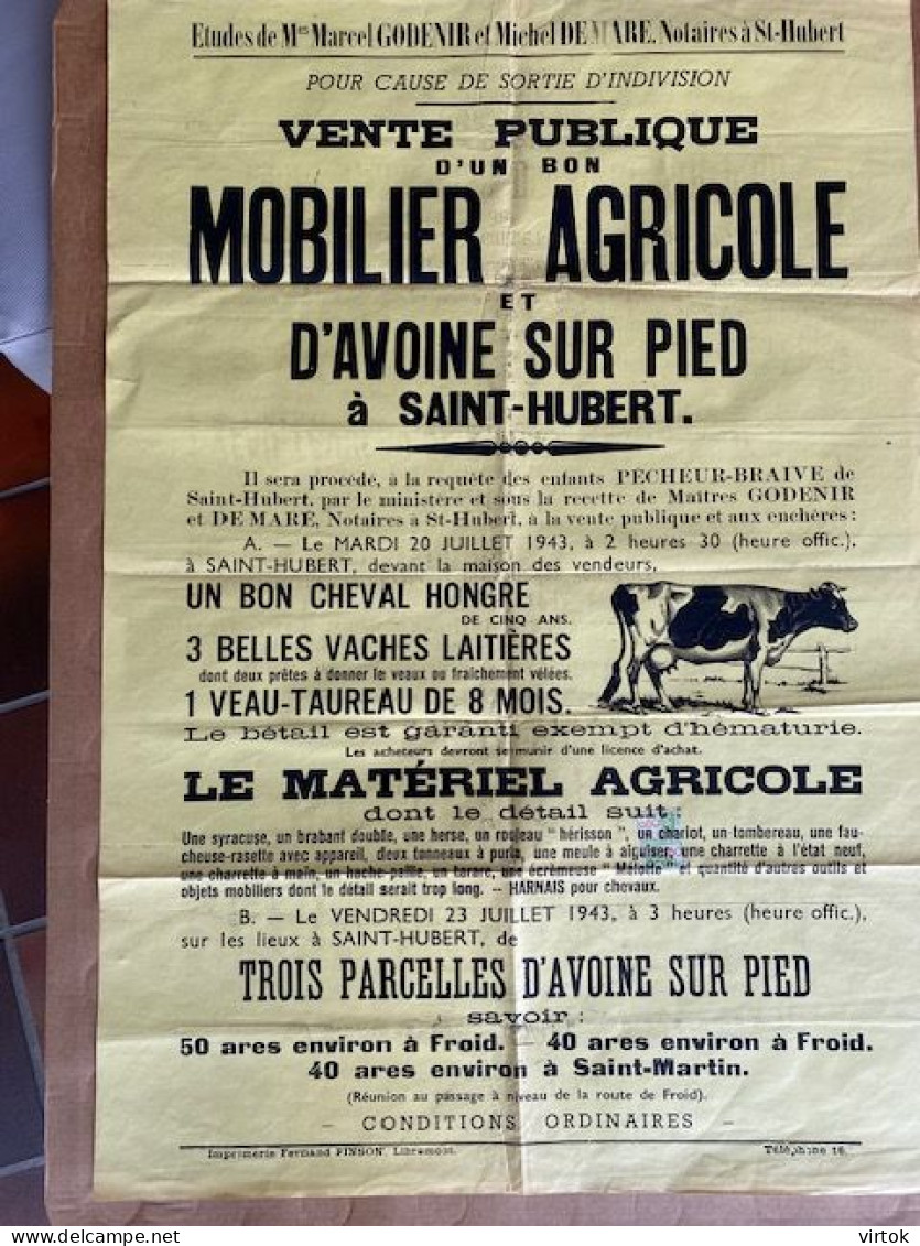Saint Hubert -  : vente publique MOBILIER AGRICOLE 1943   ( 73 cm x 50cm ) ref.X30