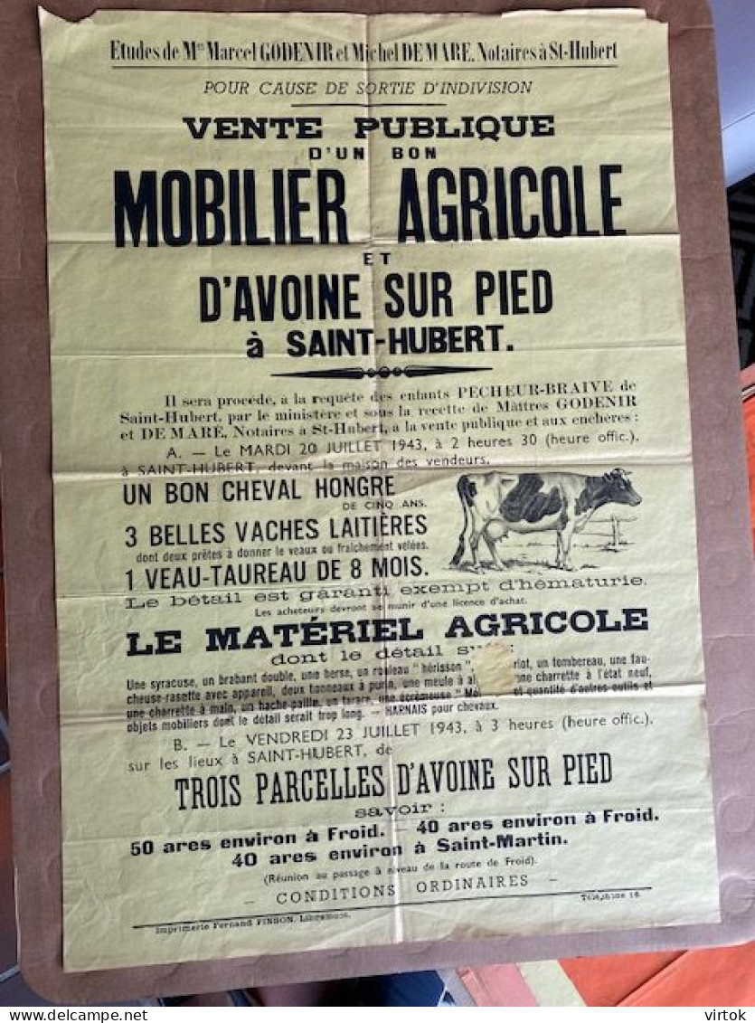SAINT HUBERT -  : vente publique MOBILIER AGRICOLE 1943      ( 73 cm x 55 cm) ref.X33