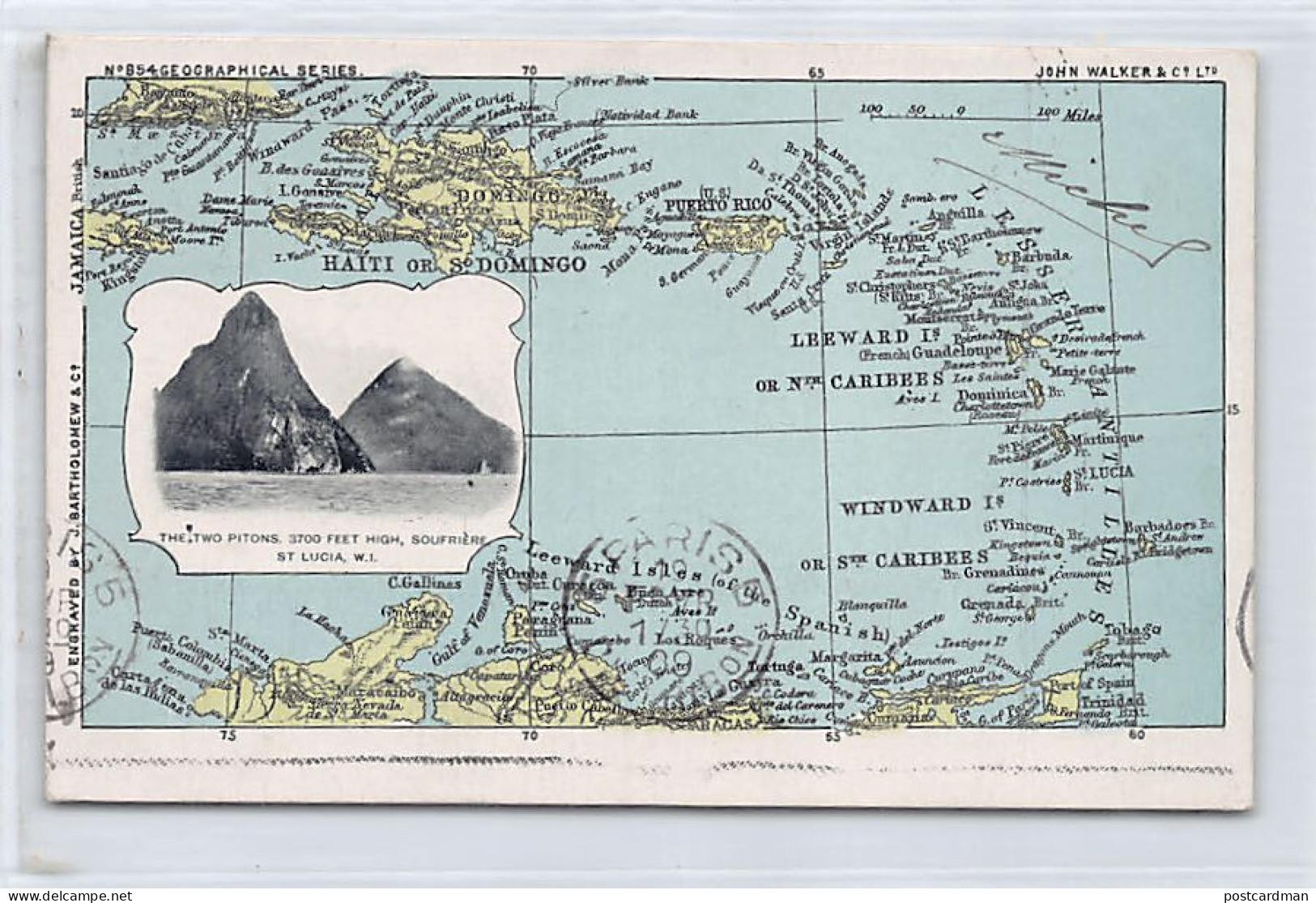 Saint Lucia - Map of West Indies - The Two Pitons - Publ. J. Bartholomew & Co.