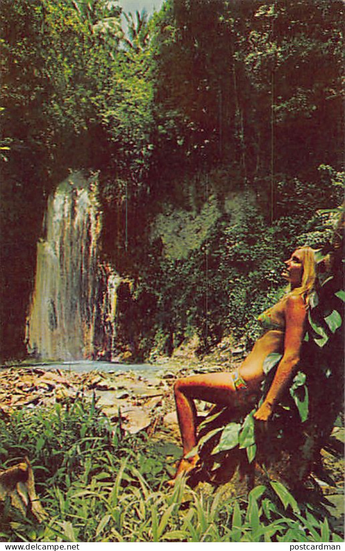 Saint Lucia - Woman sun bathing near Waterfall at Diamond Estate - Publ. Dukane Press