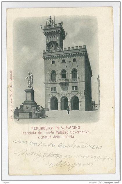 Cartolina - REPUBBLICA DI SAN MARINO - FOTO ALINARI FACCIATA DEL NUOVO PALAZZO GOVERNATIVO E STATUA DELLA LIBERTA' - RSM