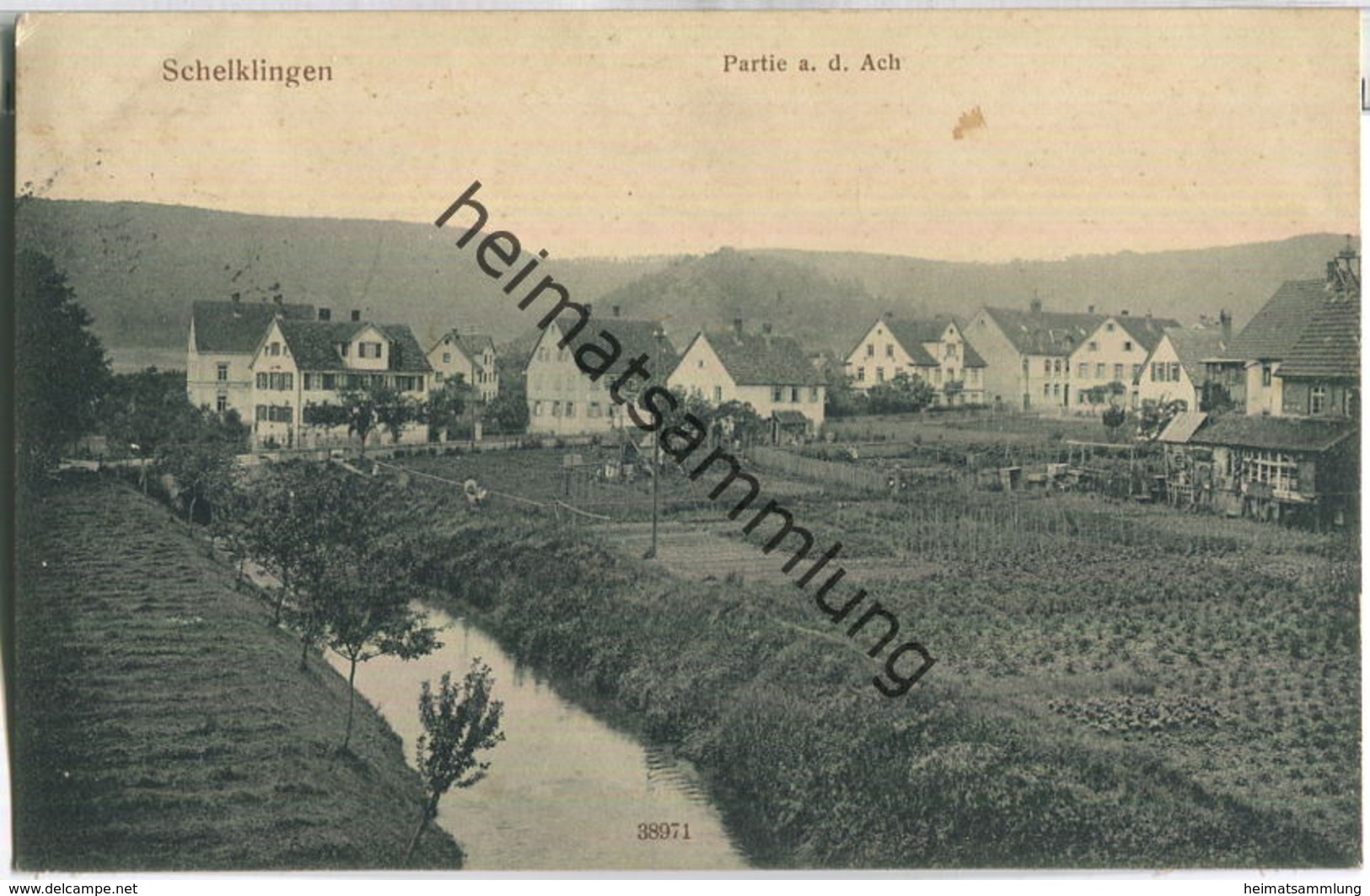 Schelklingen - Partie an der Ach - Verlag Reinicke & Rubin Dresden - runder Bahnpoststempel