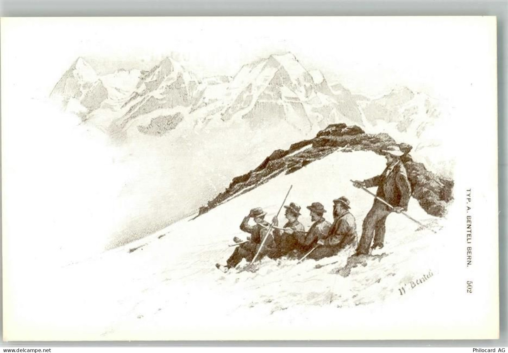 Schilthorn Mürren Künstlerkarte sign. Benteli, A. Männer im Schnee Ort h... - 10741579