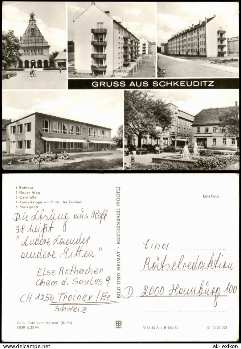 Schkeuditz DDR Mehrbild-AK mit Oststraße, Kinderkrippe, Marktplatz uvm. 1980