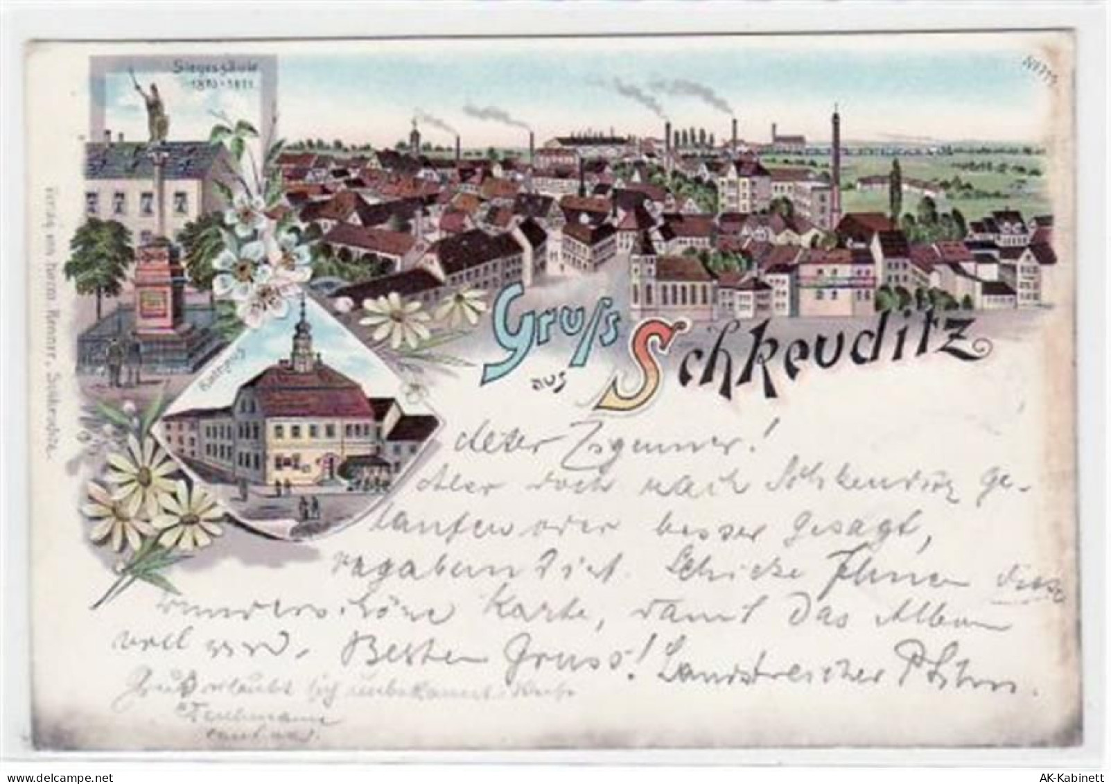 Schkeuditz, Lithographie mit Rathaus, Gesamtansicht und Siegessäule gela... - 39019582