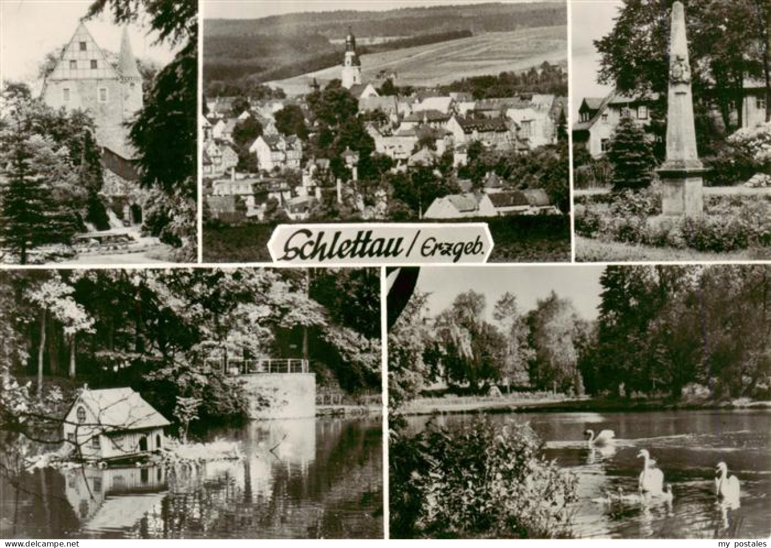 Schlettau Erzgebirge Panorama Postsaeule Schwanenteich
