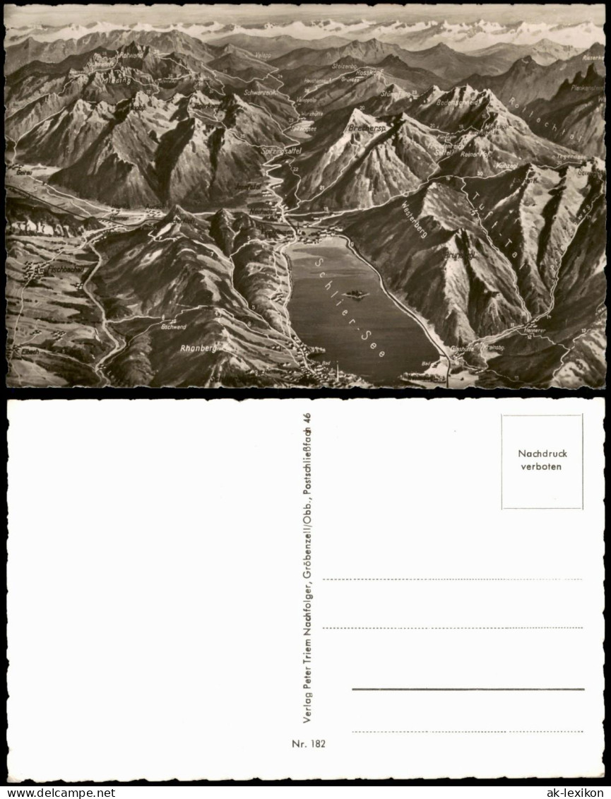 Schliersee Umlandansicht Schliersee und Berg Reliefkarte Alpen 1960