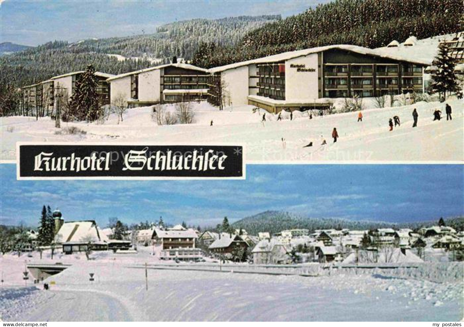 Schluchsee Kurhotel-Schluchsee Hotel Winterlandschaft Schnee Skifahrer Ortspanor