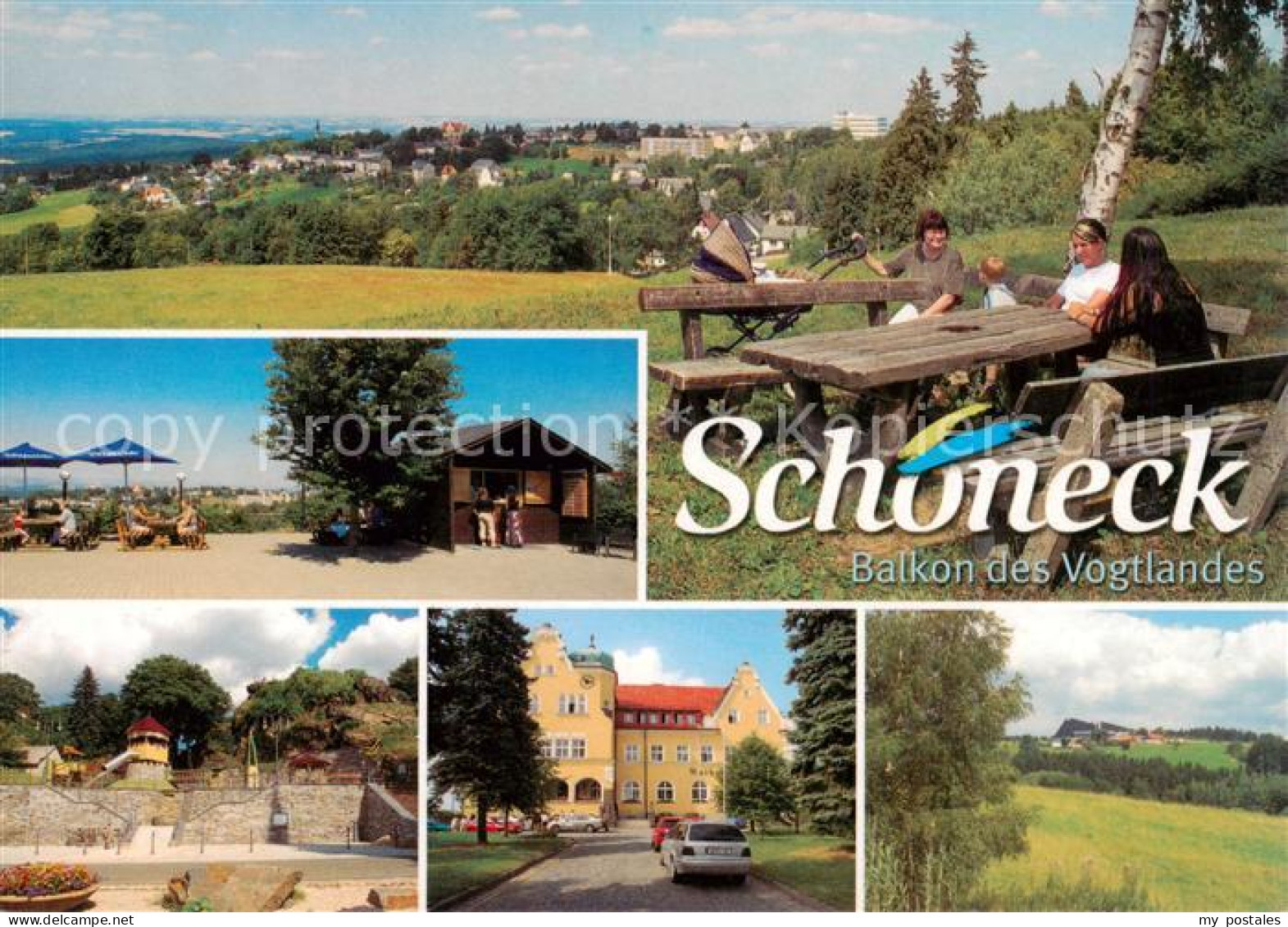 Schoeneck Vogtland Panorama Blockhuette Vogtland Blick Spielplatz am Alten Soell