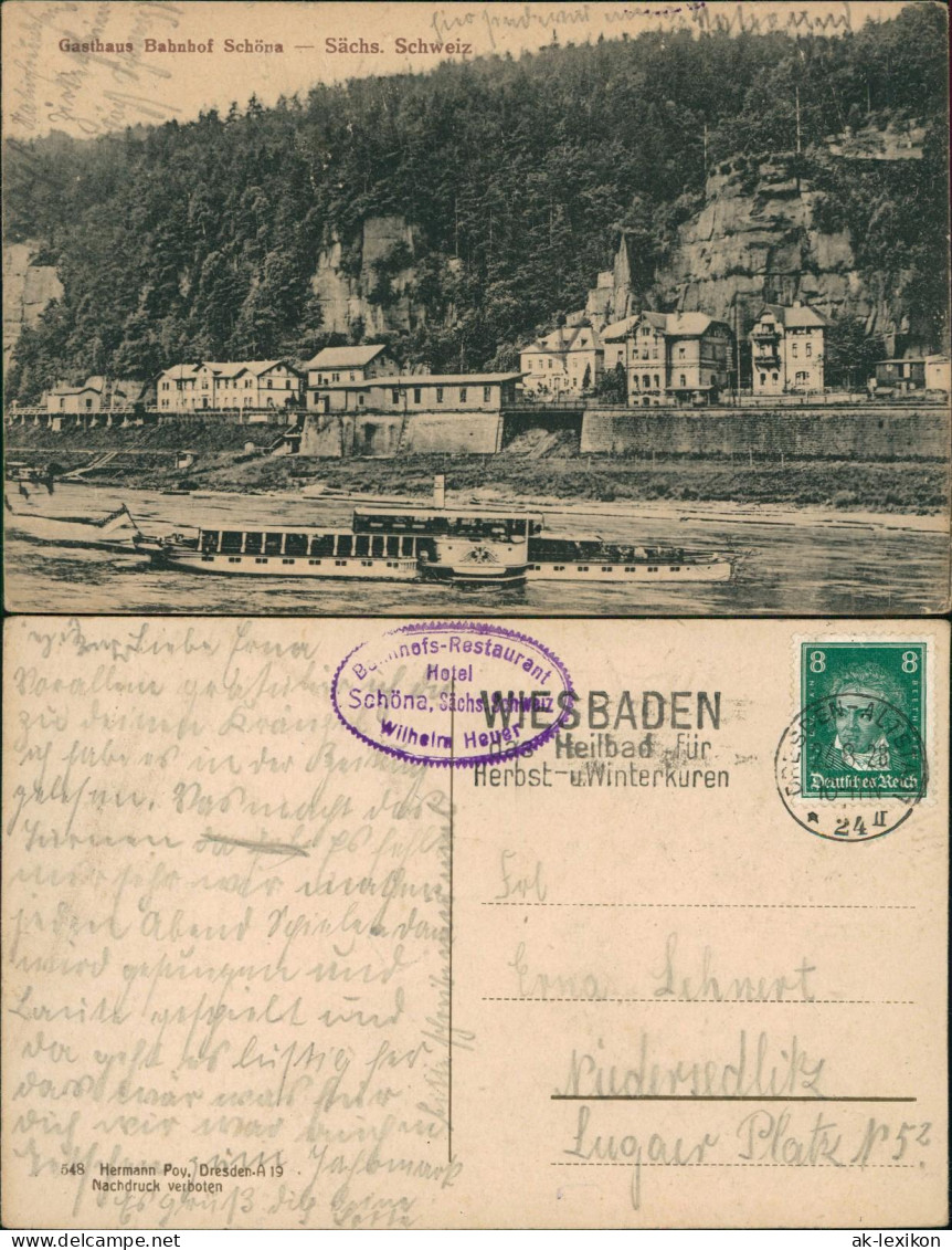 Schöna-Reinhardtsdorf-Schöna Gasthaus Bahnhof Sächsische Schweiz Dampfer 1917