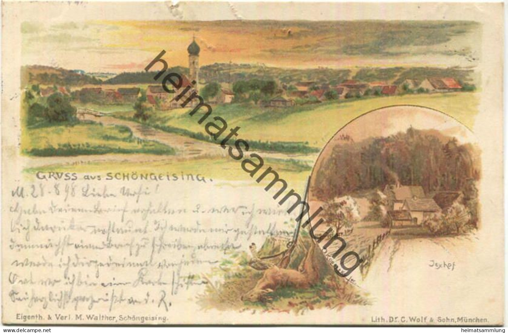 Schöngeising - Jexhof signiert O. Kopetzky - Verlag M. Walther Schöngeising - Kastenstempel Posthilfstelle Schöngeising