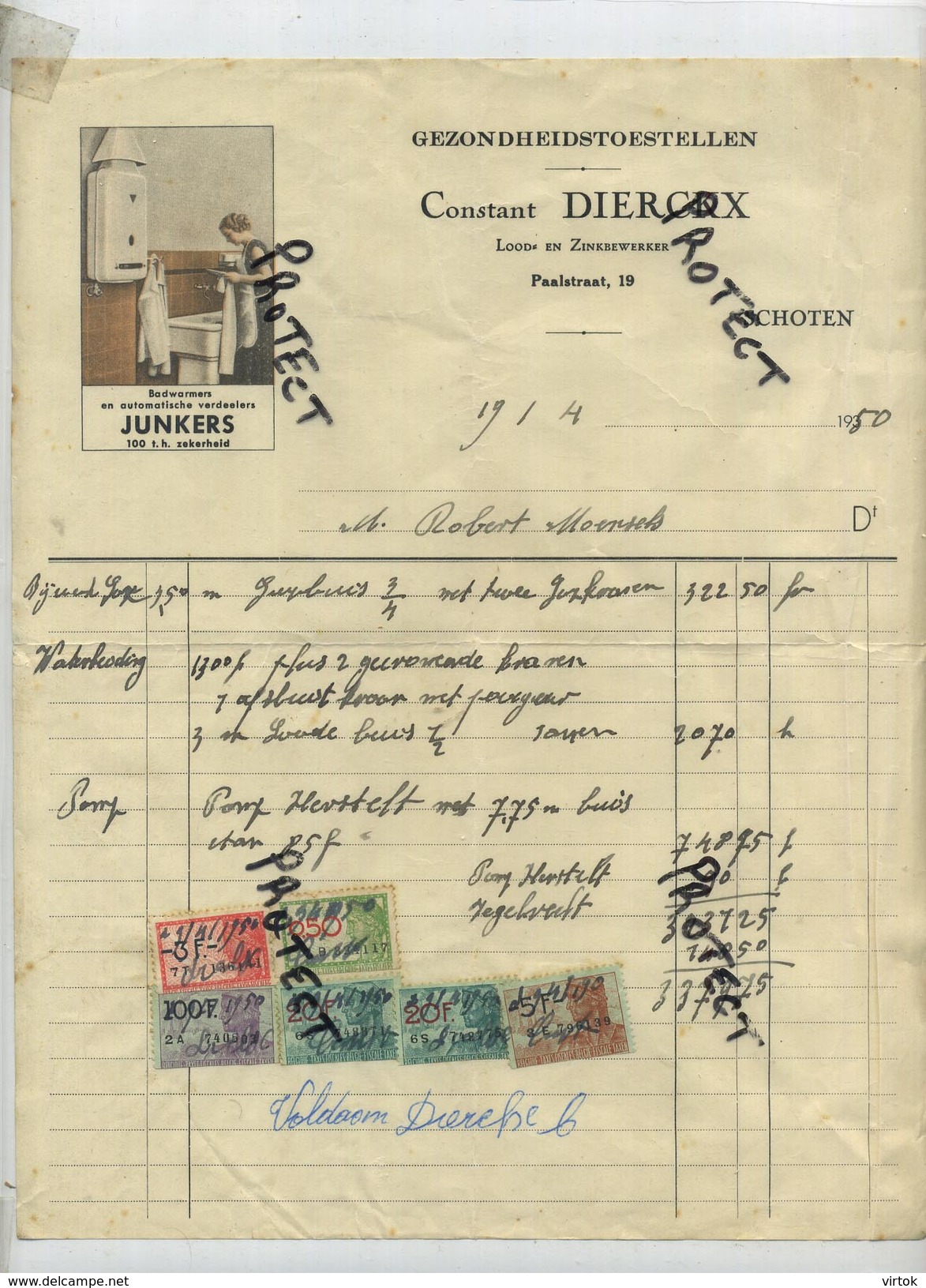 SCHOTEN ( oude factuur 1950 ) Constant Dierckx :  Gezondheidstoestellen