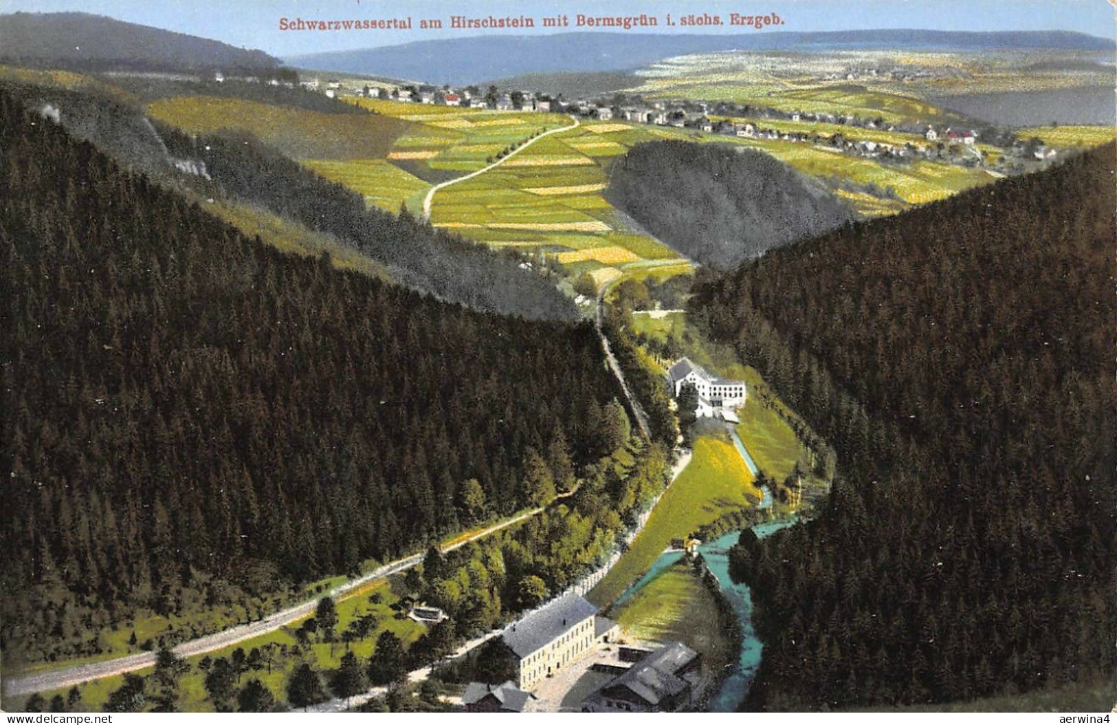 Schwarzwassertal am Hirschstein mit Bermsgrün i. sächs. Erzgeb. Postkarte AK