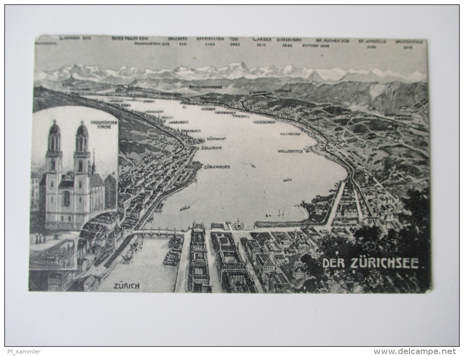 Schweiz 1911 Bildpostkarte Zürich / der Zürichsee. Mehrbildkarte. Grossmünster Kirche und der Zürichsee.