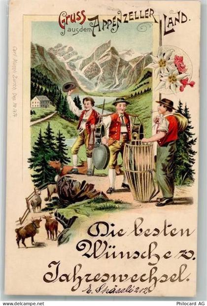 1898 Gebrauchsspuren Männer mit Kuhglocken in Tracht Edelweiss Lithograp... - 13985796
