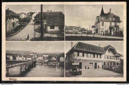 AK Brügg, Spezereihandlung, Flusspartie mit Brücke, Ortspartie