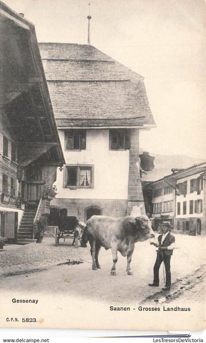 [-5%] SUISSE - Saanen - Gessenay - Grosses Landhaus - Maison - calèche - rue - Taureau - animé - CPN - Carte postale anc