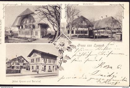 1906 gelaufene AK aus Lyssach. 3 bildrig: Unterdorf, Schulhaus und Hotel Krone mit Bahnhof. minim