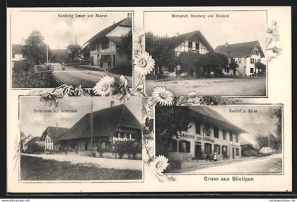 AK Büetigen, Gasthof z. Bären, Wirtschaft Heimberg und Bäckerei, Handlung Lysser und Käserei, Dorfstrasse mit Schu