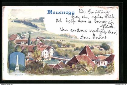 Künstler-AK Neuenegg, Ortspartie mit Brücke, Denkmal