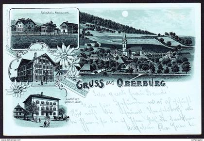 1901 Mondschein Litho AK: Gruss aus Oberburg. 4 bildrig. Mit Bahnhof, Schulhaus, Gasthaus zum Goldenen Löwen. Rückseitig