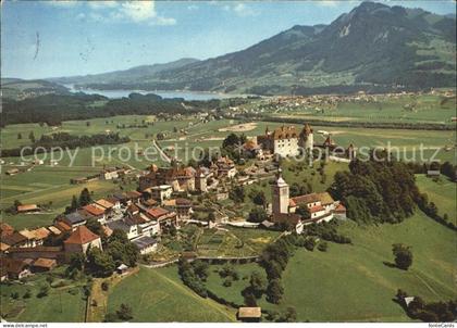 Gruyeres FR Au fond Broc et lac de la Gruyere