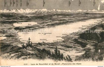 Morat Murten Panoramakarte Lac de Neuchatel avec des Alpes