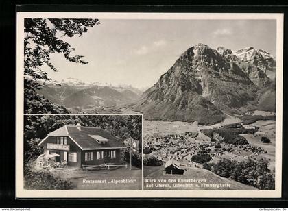 AK Ennenda, Restaurant Alpenblick, Blick von den Ennetbergen auf Glarus, Glärnisch u. Freibergkette