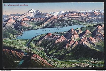 Künstler-AK Glarus, Ortsansicht mit Ennenda, Mollis und Näfels, Churfirsten