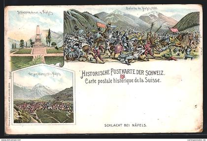 Lithographie Näfels, Schlacht bei Näfels, Schlachtdenkmal und Gesamtansicht der Stadt