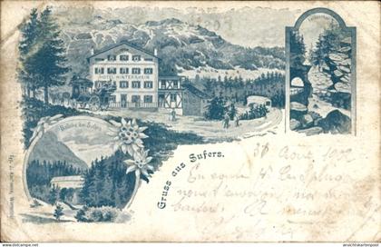 Lithographie Sufers Kanton Graubünden, Hotel Hinterrhein, Felsentor, Brücke