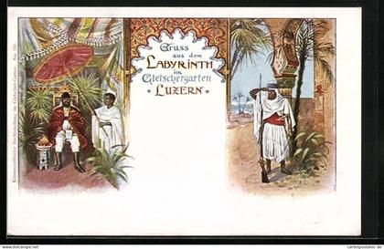 Künstler-AK Luzern, Gletschergarten, Labyrinth, Orientalische Szenen