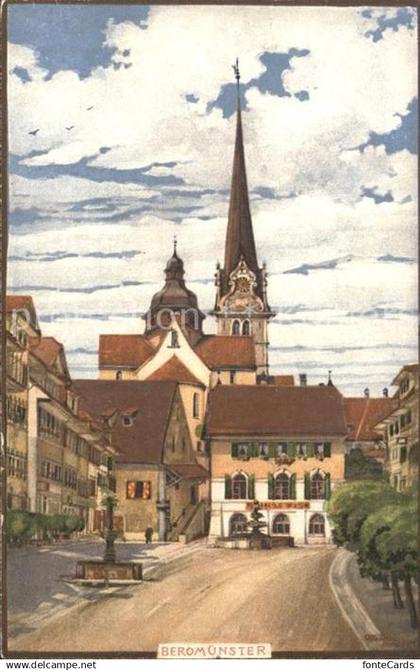 Beromuenster Markt Kirche Brunnen Aquarell