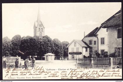 1905 gelaufene AK aus Coffrane, Clocher, Place et Boulangerie.