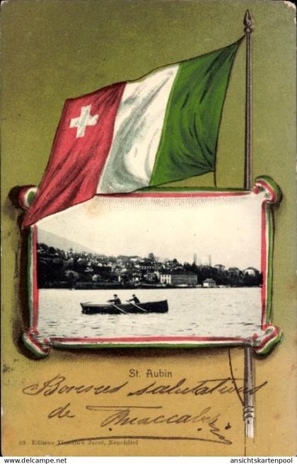 Passepartout CPA Saint Aubin Sauges Kanton Neuenburg, Gesamtansicht, Ruderboot, Flagge