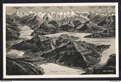 Künstler-AK Rigi-Kulm, Panorama mit Vitznau, Gersau und Greppen, Finsteraarhorn, Wetterhorn und Jungfrau