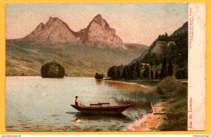 Litho - Lac de Lowerz - Vue du Lac des Quatre Cantons - Barque en bois - Montagne - Animée - M. SEEGER - Color