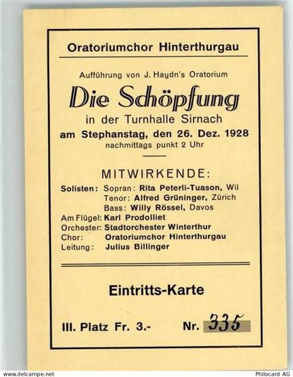 8370 Sirnach KEINE AK Oratoriumchor Hinterthurgau Eintrittskarte - 39691137