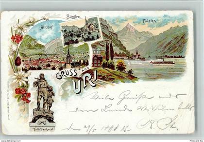 6460 Altdorf UR 1898 Lithographie Gruss aus Uri - Tell Denkmal, Bürglen,... - 13407125